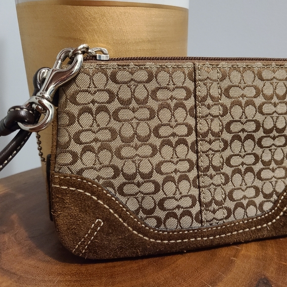 Coach Signature Wristlet with Suede trim